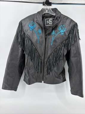 Vintage Shaf Moto Women Fringe Teal Rose Zip Lining Leather Jacket Size L
